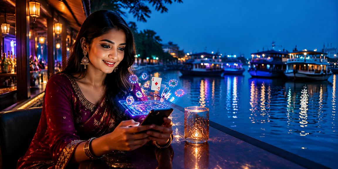 Bangladeshi model enthusiastically browsing bonus offers on a casino app