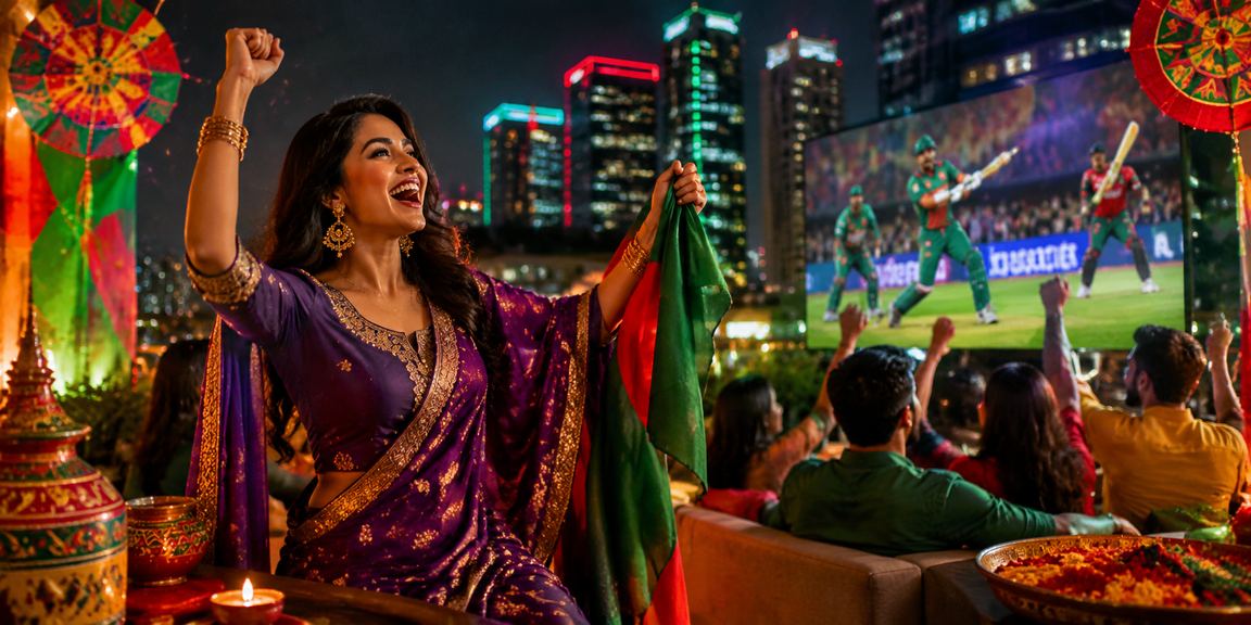 Excited fans in Dhaka bet on cricket via mobile during a Pohela Boishakh festival celebration