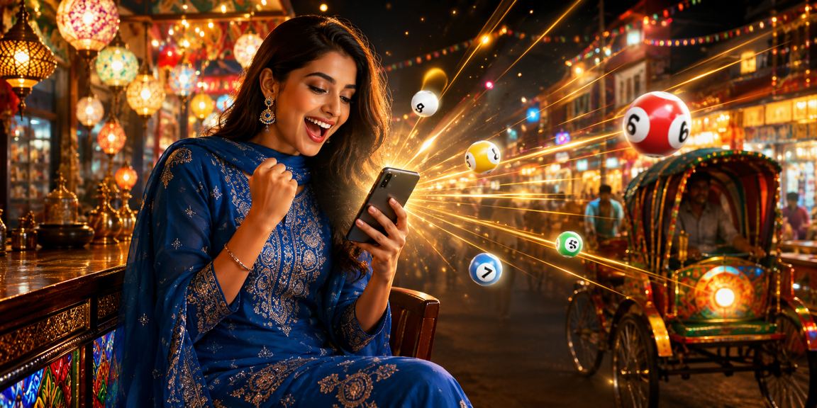 A woman in a salwar kameez in Dhaka browsing lottery and bonus offers on her mobile phone